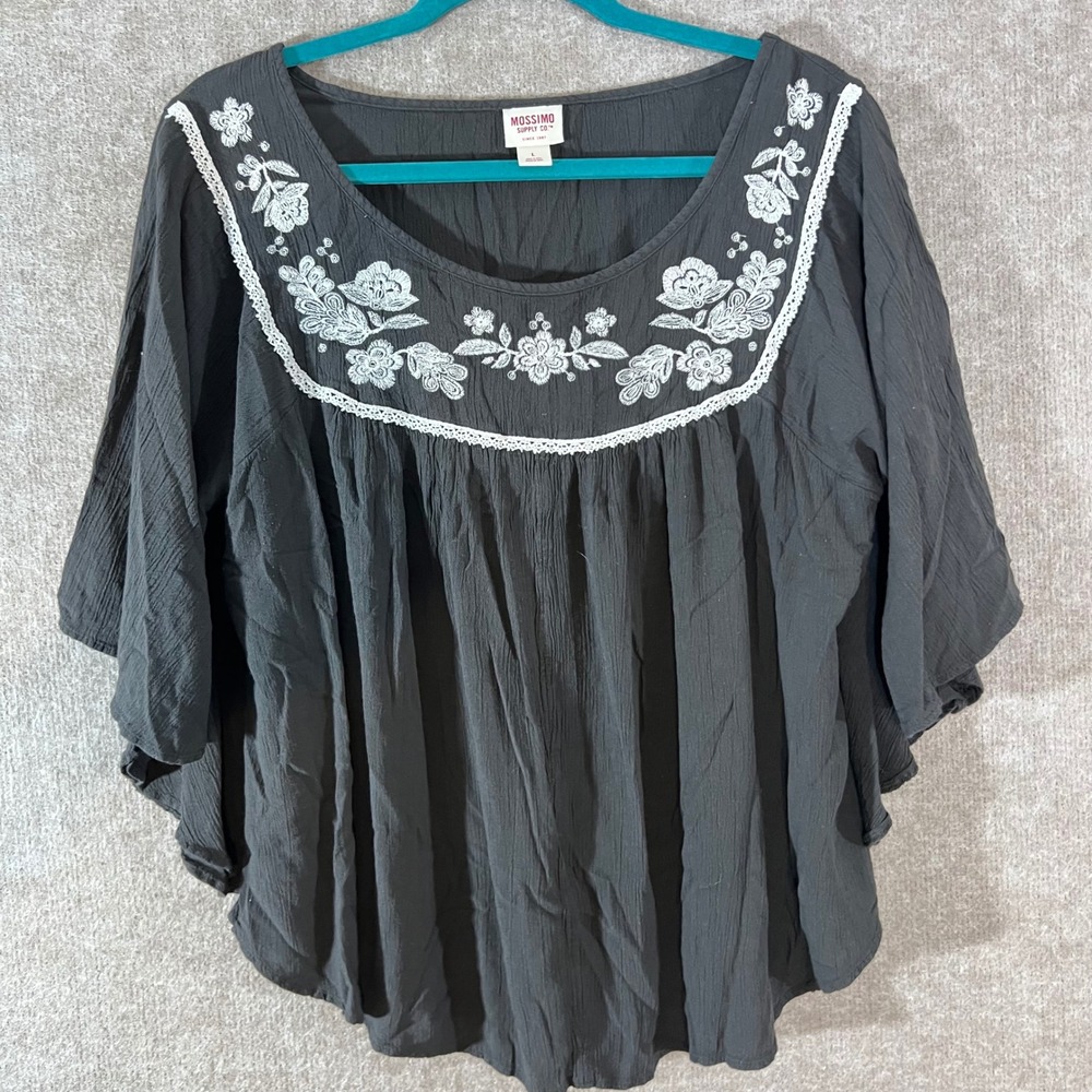 Mossimo Supply Co Blouse Womens Large Black Embroidered Boho Peasant Top